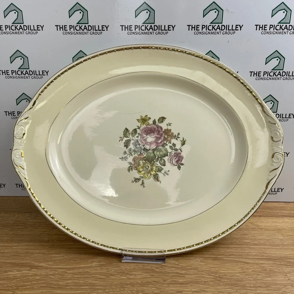 Homer Laughlin Eggshell Georgian Floral Oval Serving Platter Gold Trim 15.5 Inch